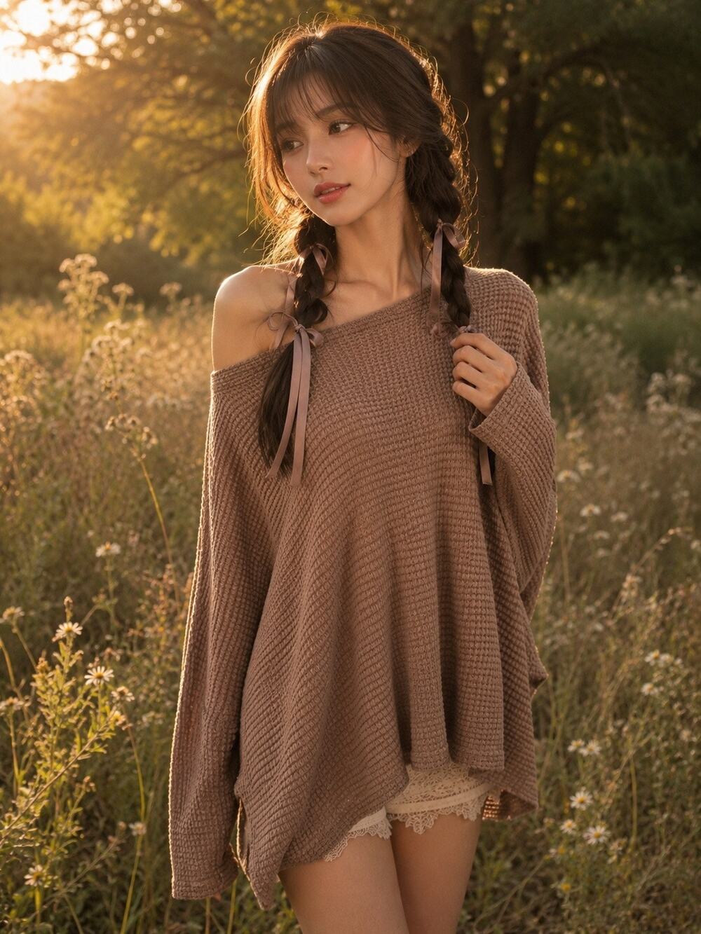 Whispering Pines & Waffle Knit Woodland drapey slouchy sweater